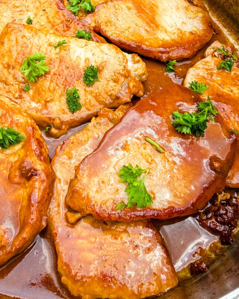 upclose shot of maple glazed pork chops
