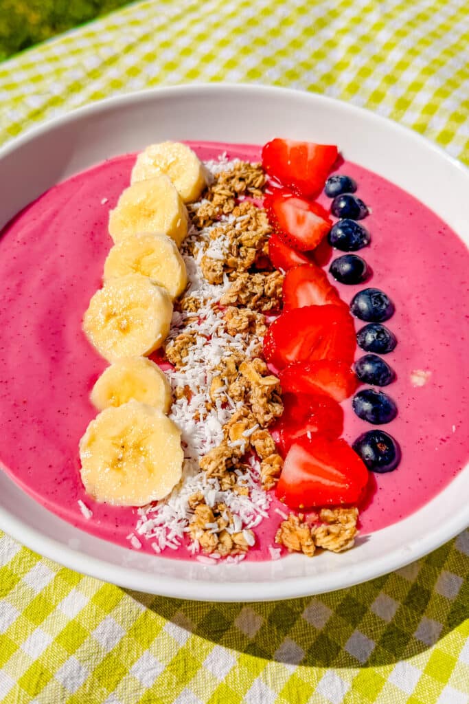 pink smoothie bowl close up