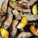 beef and zucchini stir fry close up