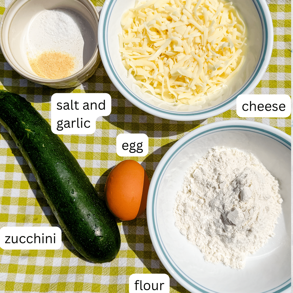 cheesy zucchini fritters  labeled ingredients