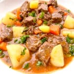 classic stew served in white plate