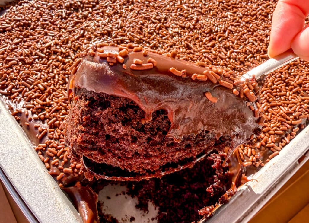 chocolate cake covered in sprinkles being spoon out of a sheet pan