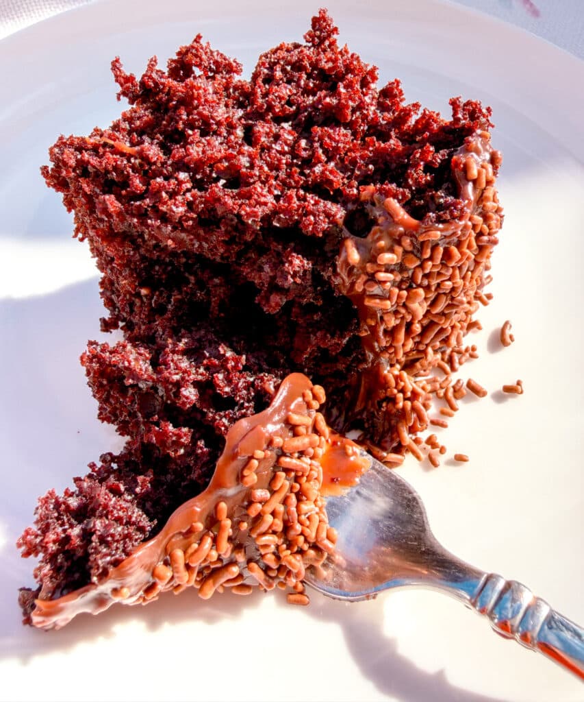 slice of brazilian chocolate cake on white plate, fork near it