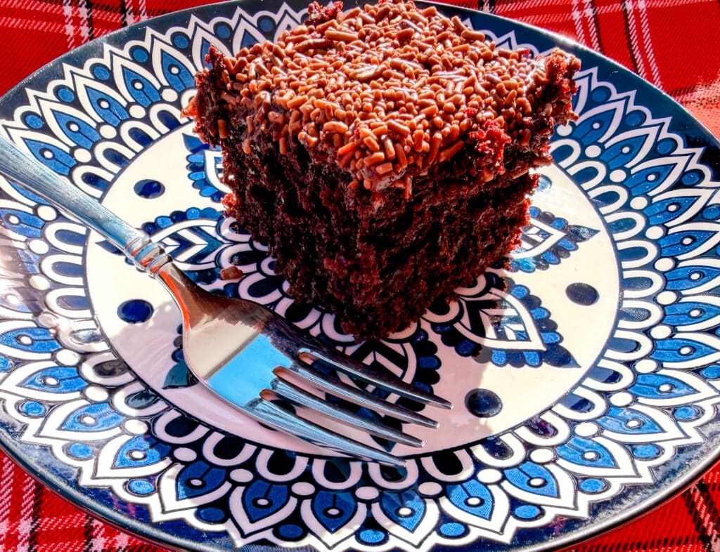 chocolate cake slice covered in sprinkles on a blue and white plate