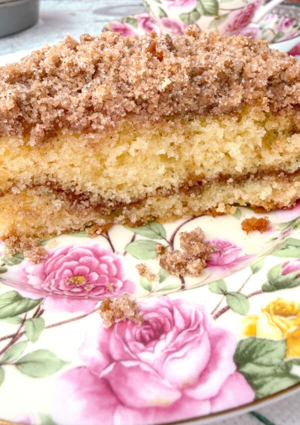 coffee cake slice on a plate with flowers