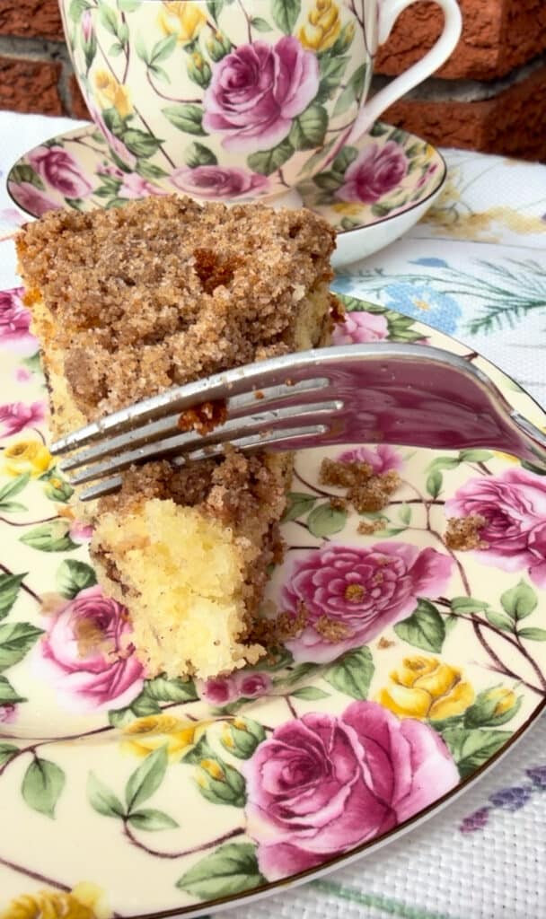 fork slicing through coffee cake slice