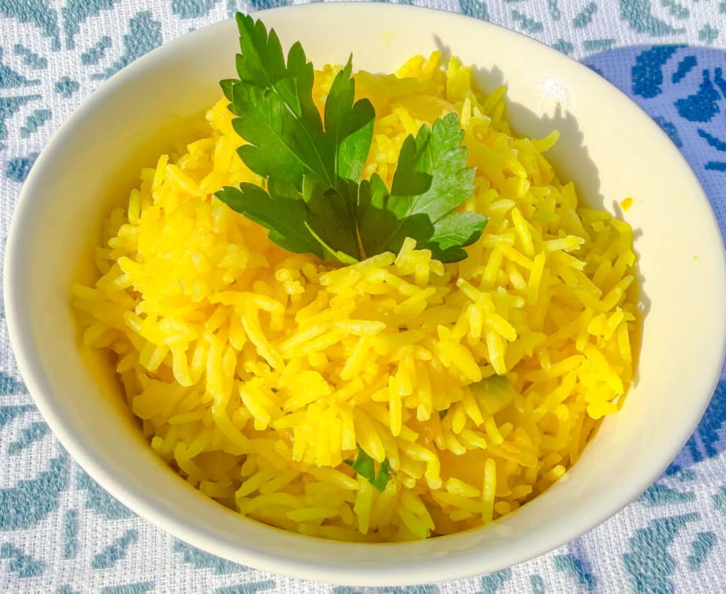 Homemade Mediterranean yellow rice side dish, fluffy and flavorful