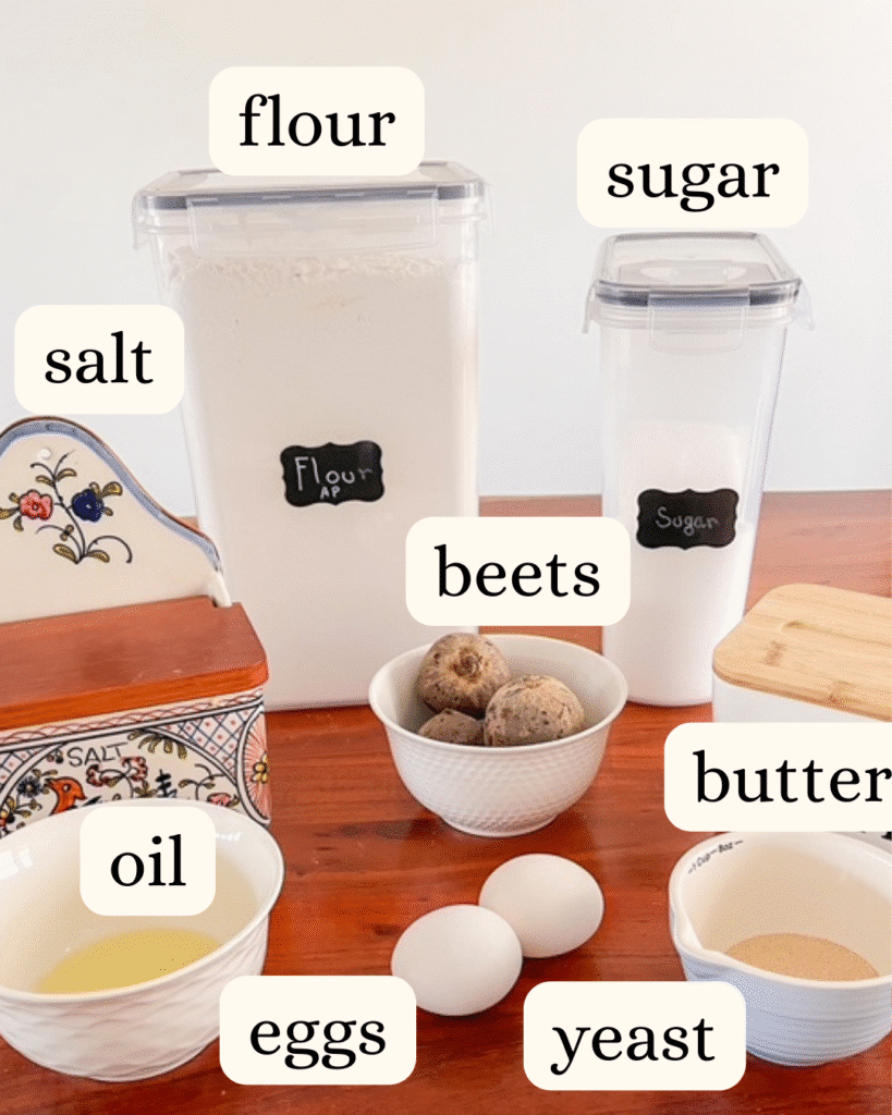 beet bread ingredients on a wodden table