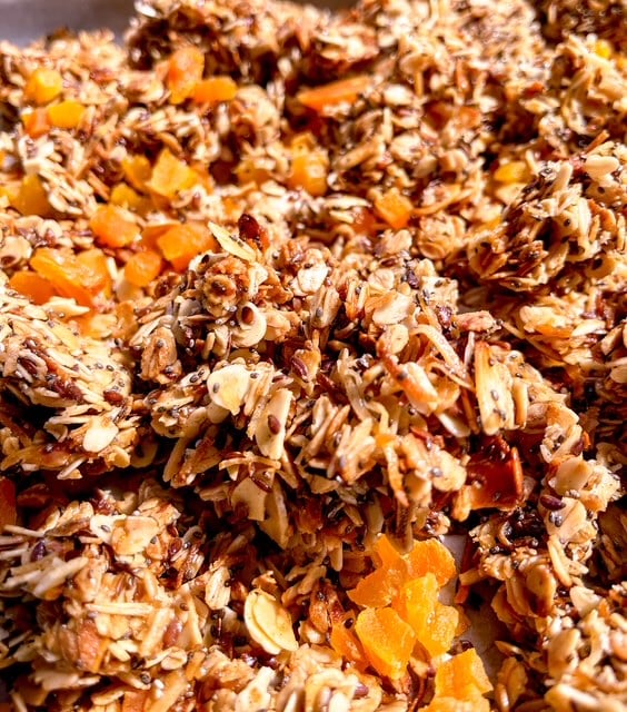 Almond Granola with Apricots and coconut upclose shot