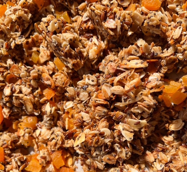 Almond Granola with Apricots and coconut upclose shot