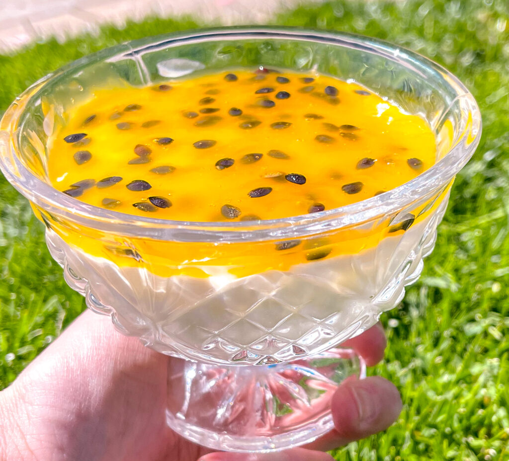 passion fruit mousse with layers apparent being held in a glass cup against the grass. Mousse de maracuja