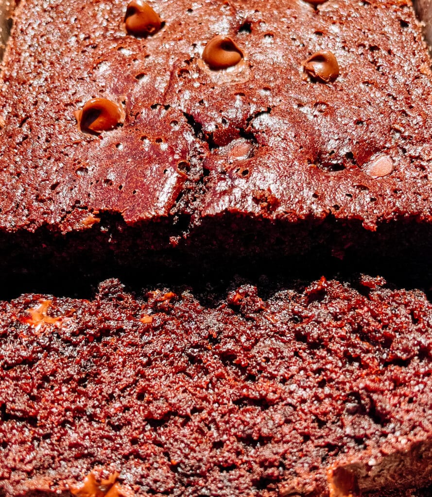 showing up-close how moist the blender zucchini chocolate cake
