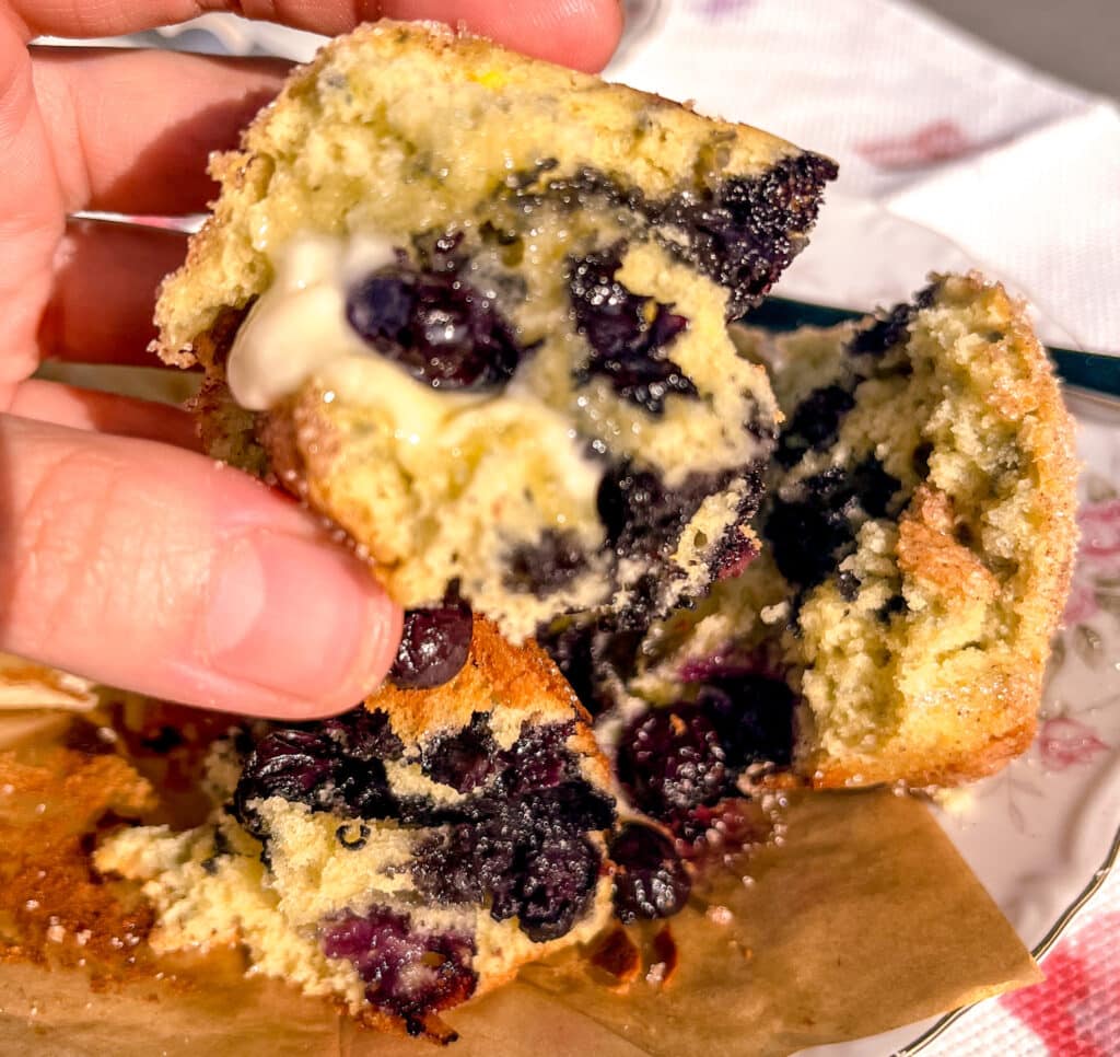 Close-up of Fresh Blueberry Muffins sliced in half with butter melting into the warm crumb