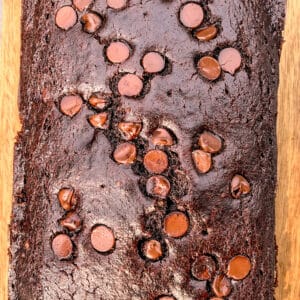 blender chocolate zucchini bread on a wooden slat