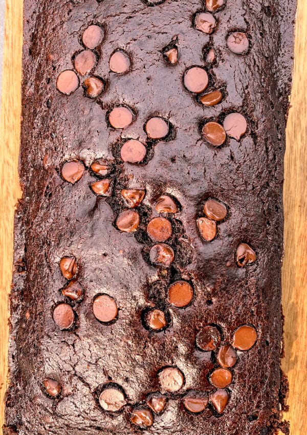 blender chocolate zucchini bread on a wooden slat