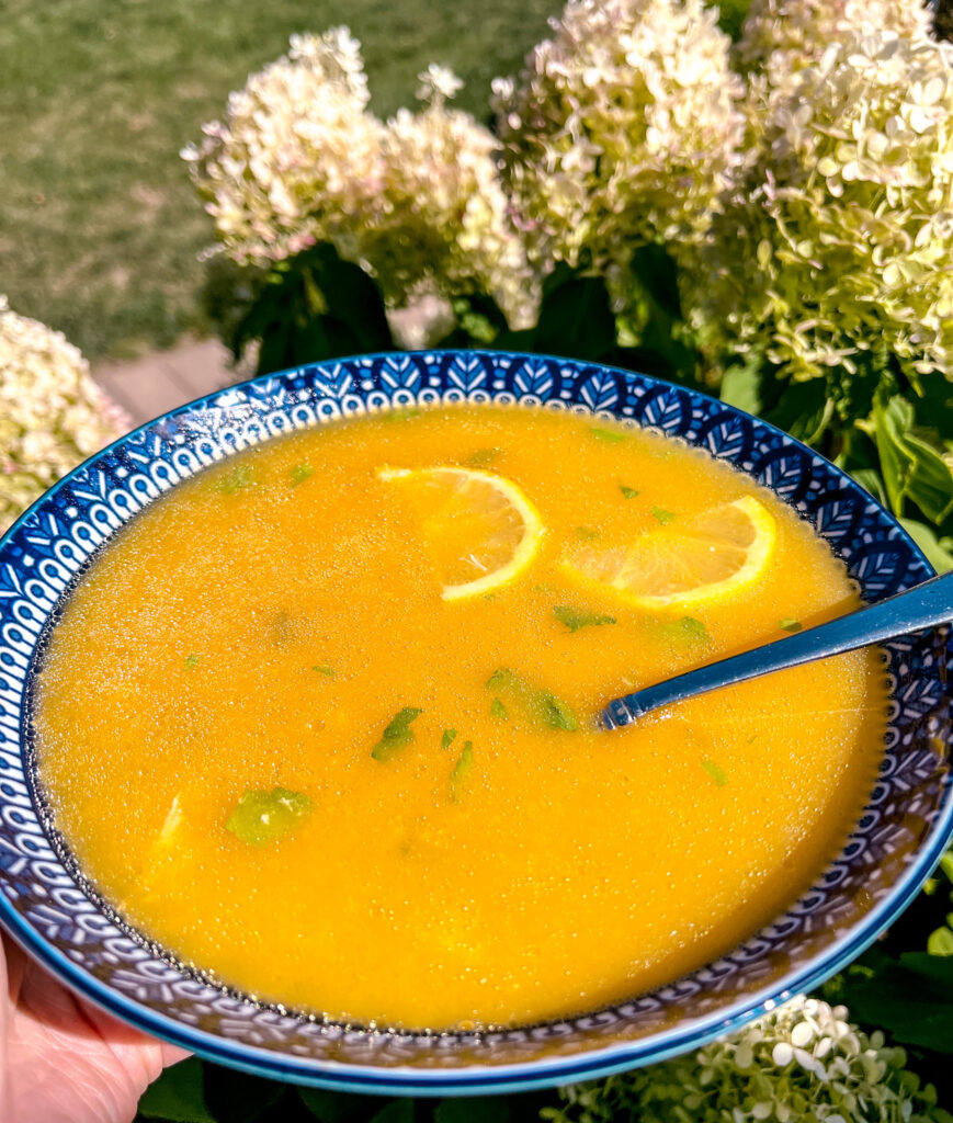 chicken lemon soup in a blue and white bowl close to flowers and a garden