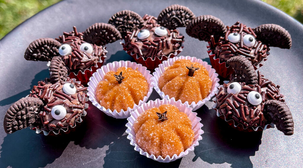 bat brigadeiros with pumpkin brigadeiros 