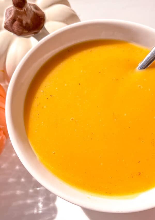 Easy butternut Squash soup in a white bowl