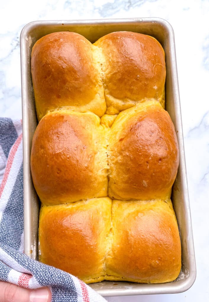 Pumpkin dinner rolls in a loaf pan