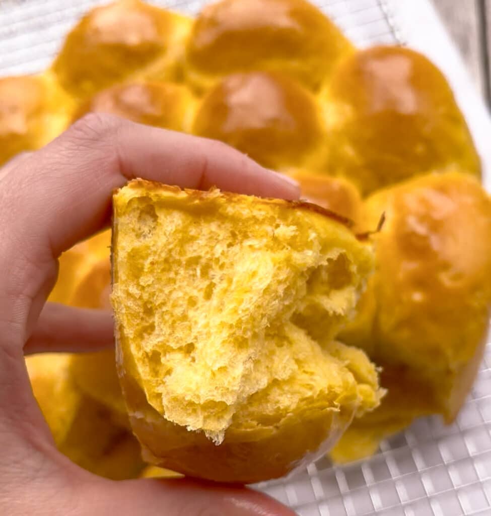 Pumpkin dinner rolls crum up close shot