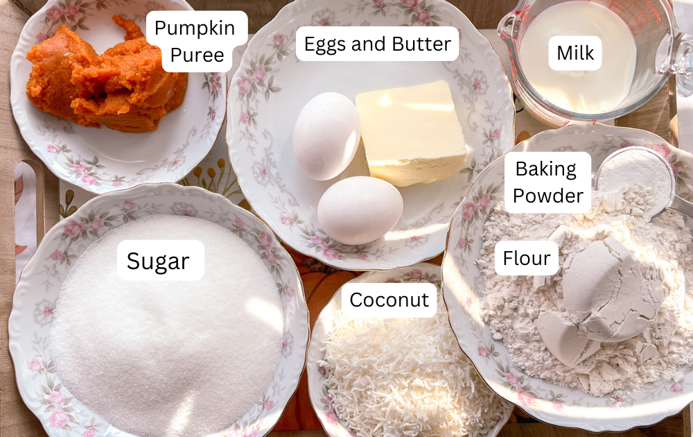 ingredients for pumpkin coconut loaf labelled