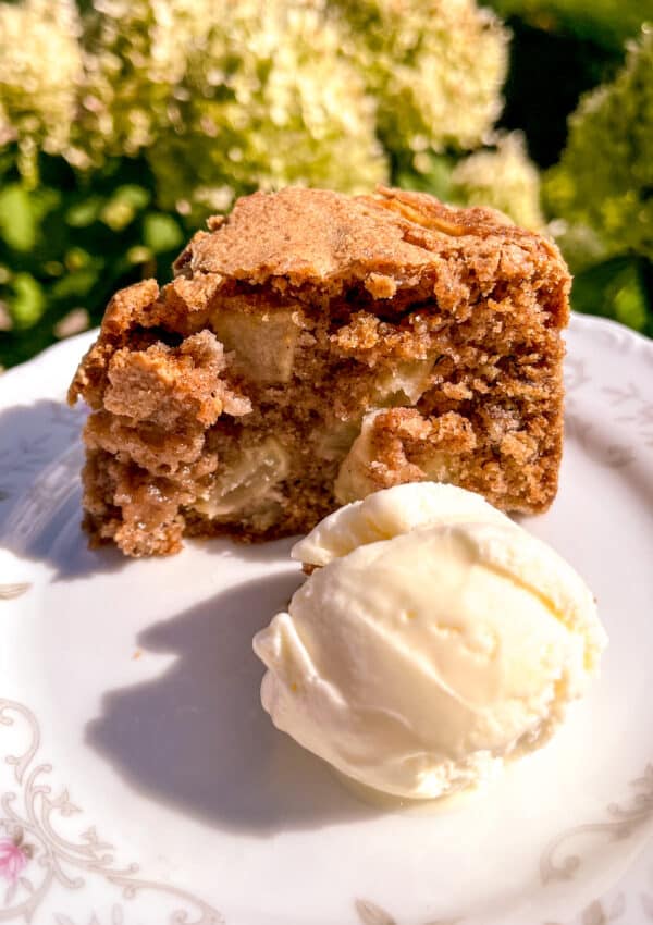 apple cake slice served with ice cream flowers on the background