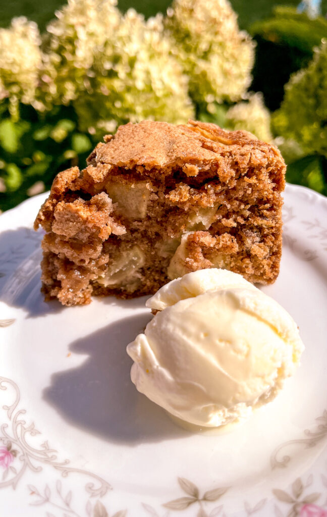 apple cake slice served ice cream flowers on the background