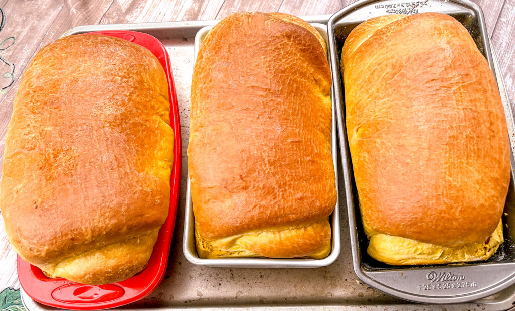 3 pumpkin bread loaves in pans and side by side