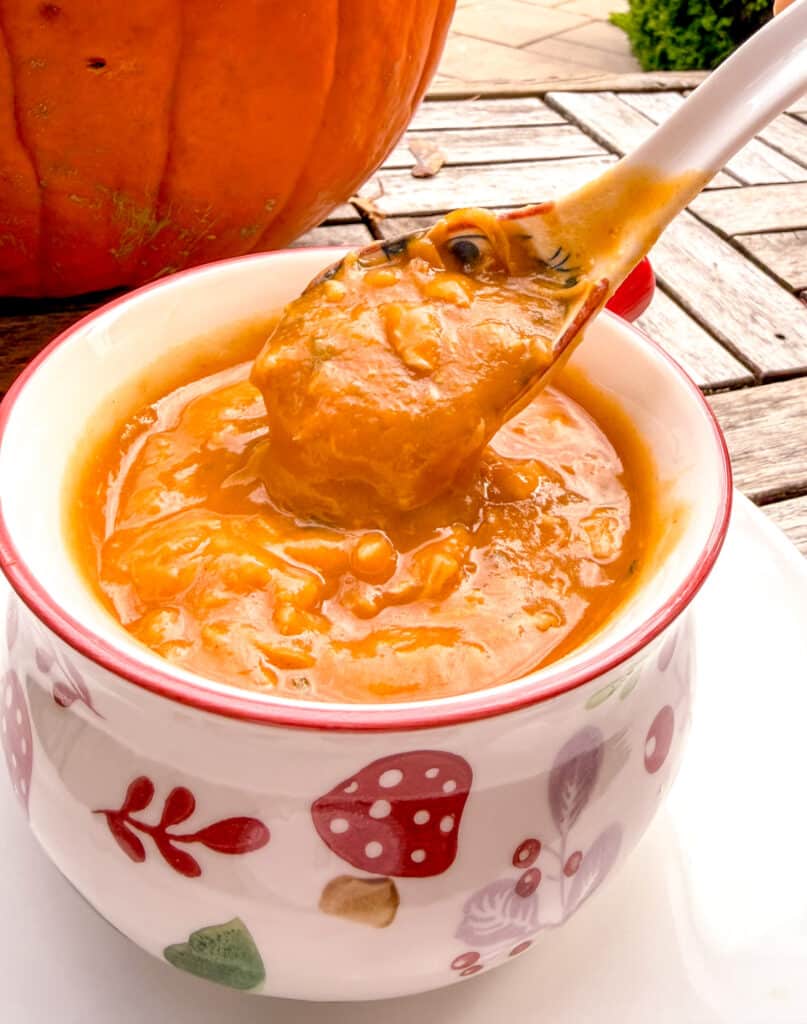 spoon lifted from bowl with chicken butternut squash soup 