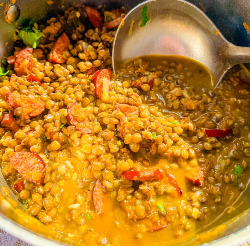 up close shot of brazilian style lentils with ladle
