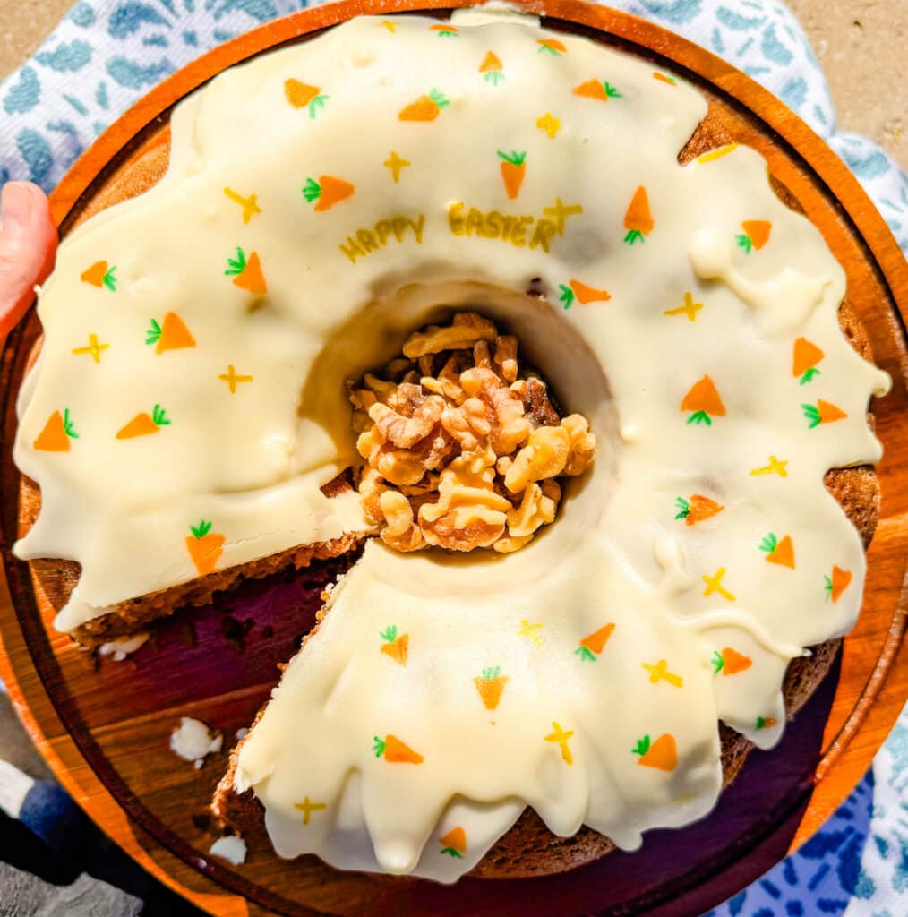 carrot cake with porcelain glaze sliced view from the top