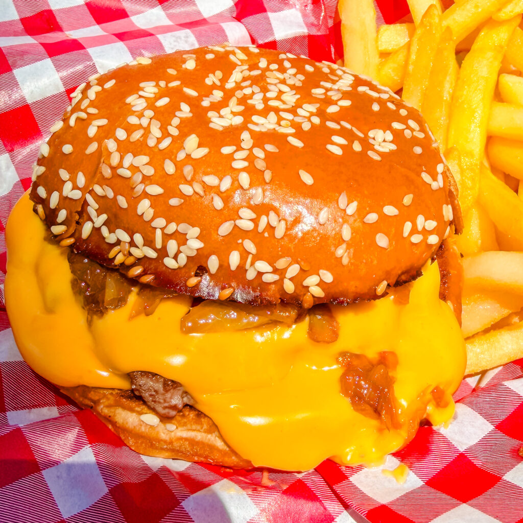 close up shot of cheddar mc melt with fries