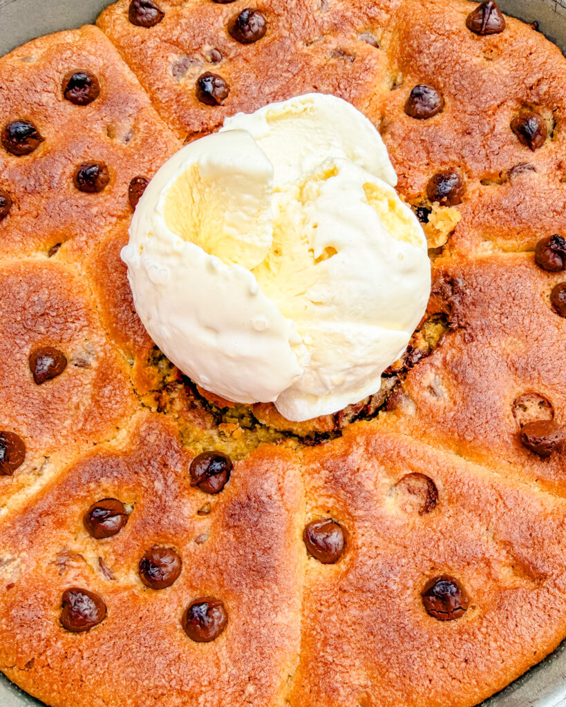 cookie skillet close up with ice cream