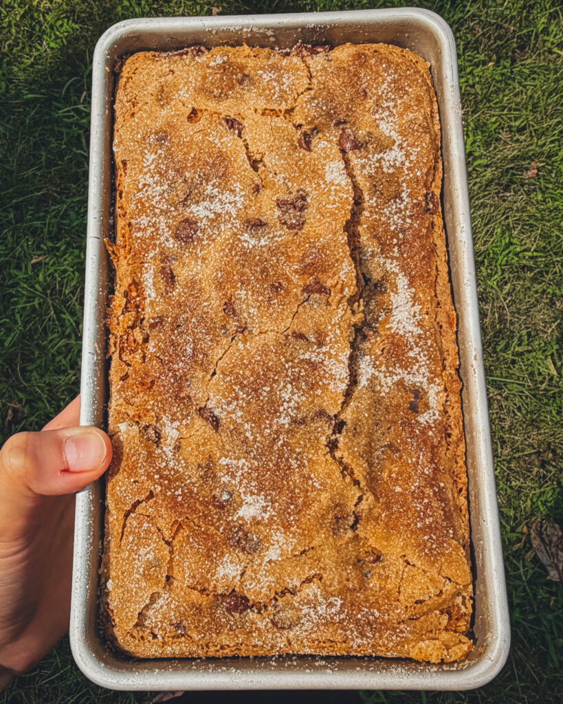 chocolate chip zucchini bread in pan with crackly crust