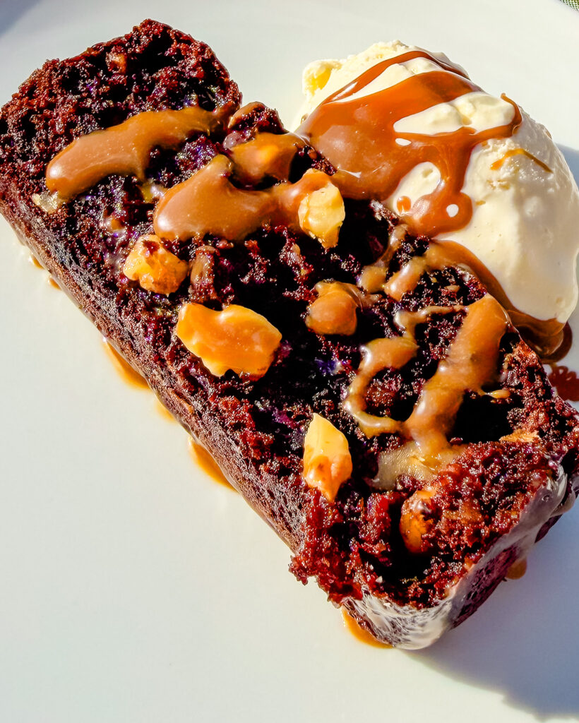 chocolate banan bread slice with walnuts and ice cream