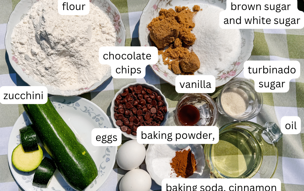labeled ingredients for chocolate chip zucchini bread
