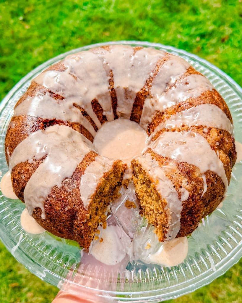 sliced banana cake with cinnamon glaze