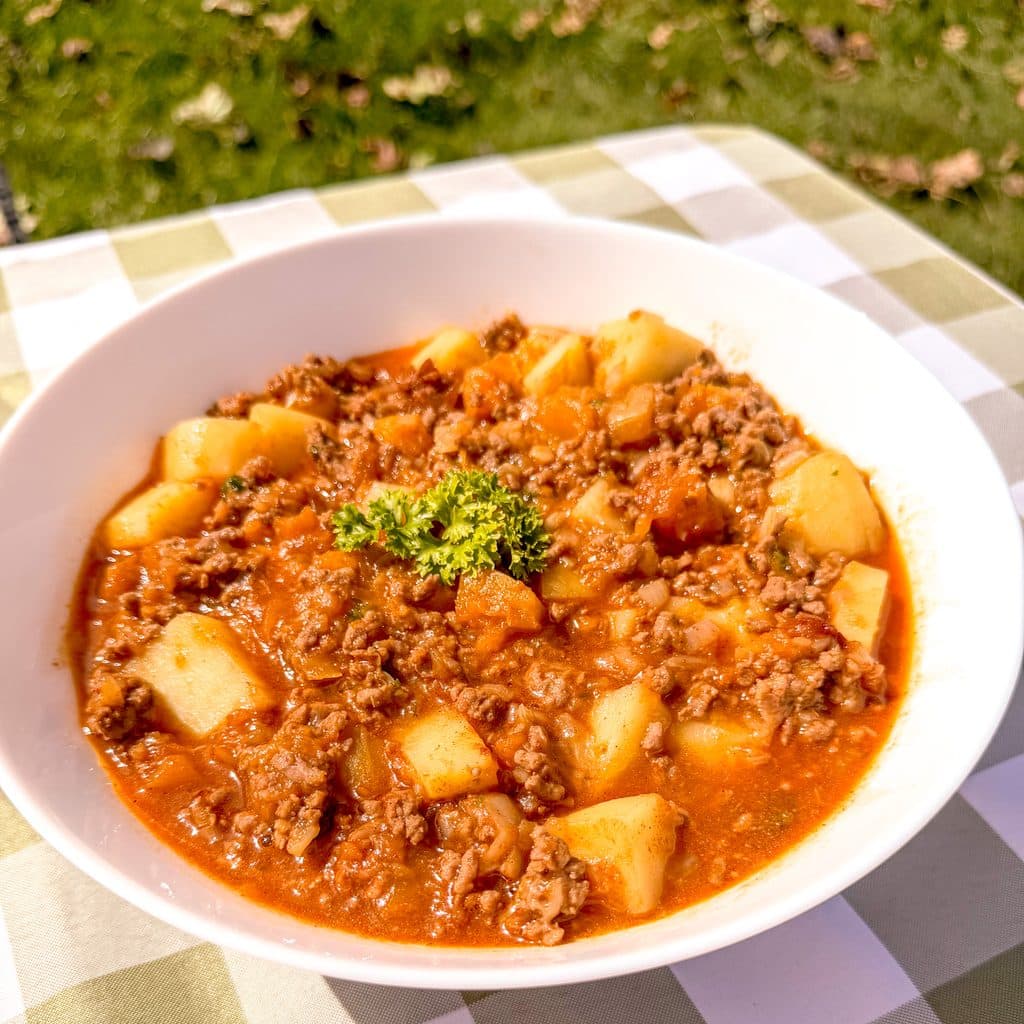 stew on table in white bowl in a garden