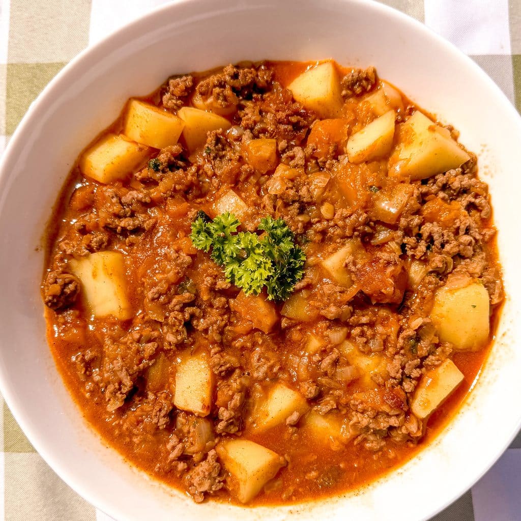 top view of ground beef stew with butternut squash